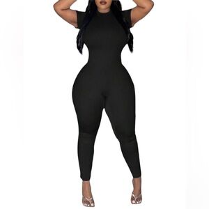 Black Solid Short Sleeve Jumpsuit